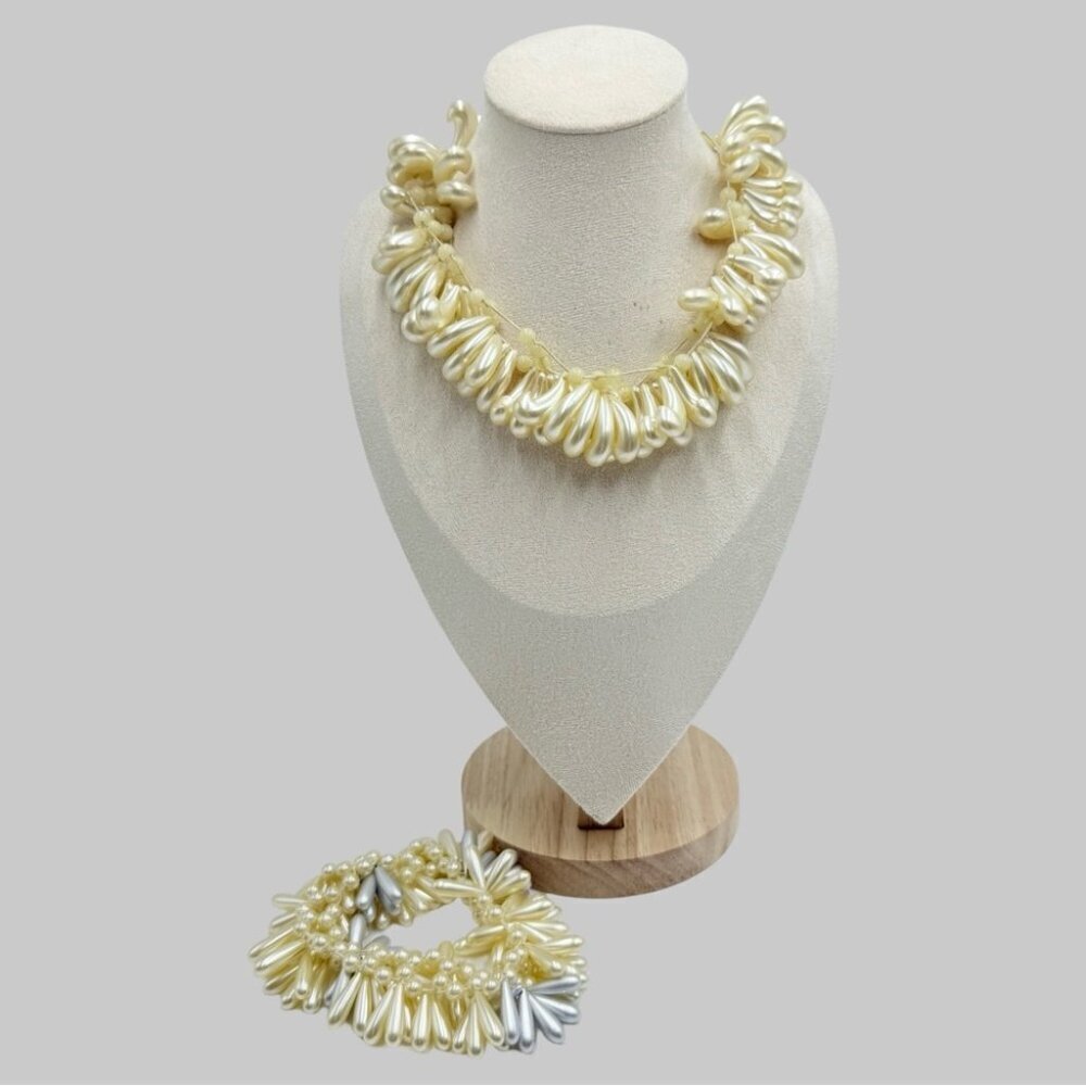 Vintage Wedding Hair Accessory Bracelet Kidney Shaped Faux Pearls Sets